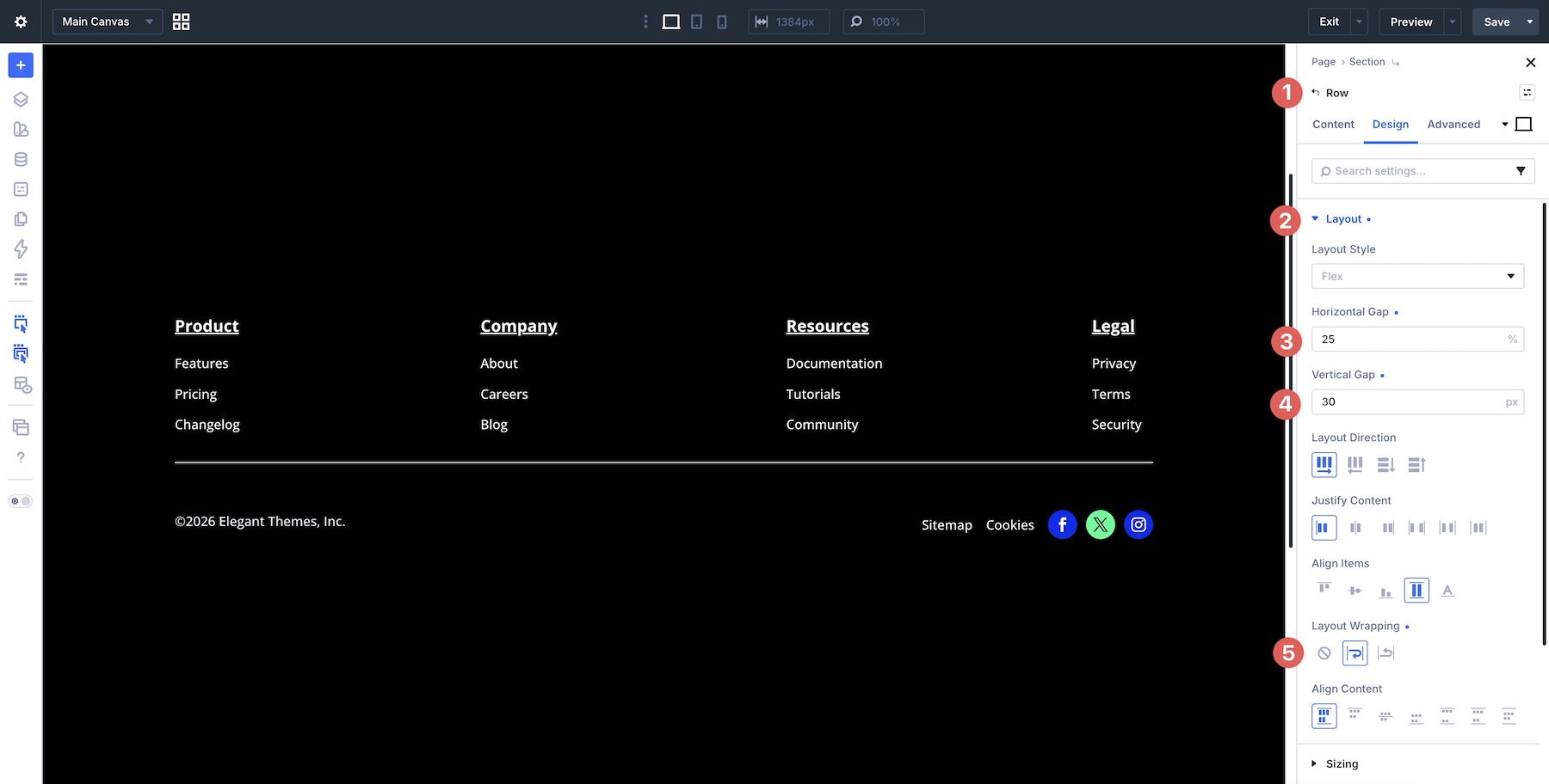 footer row settings on desktop