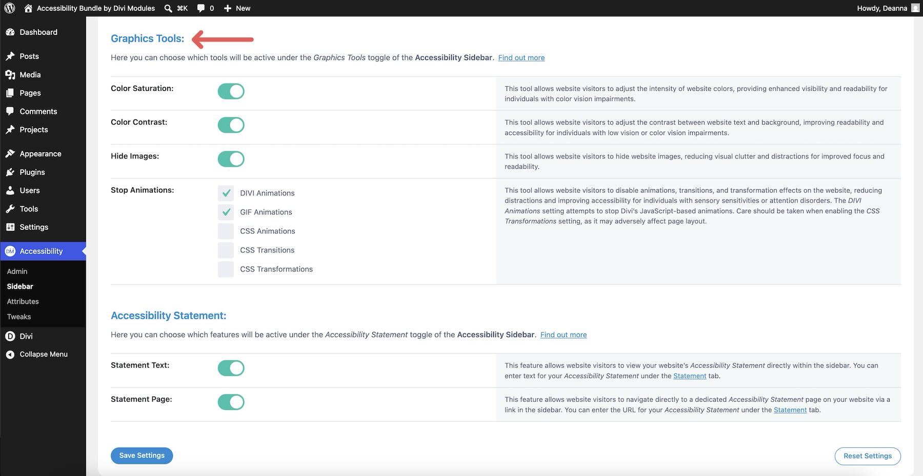 Graphics tools inside Accessibility Sidebar