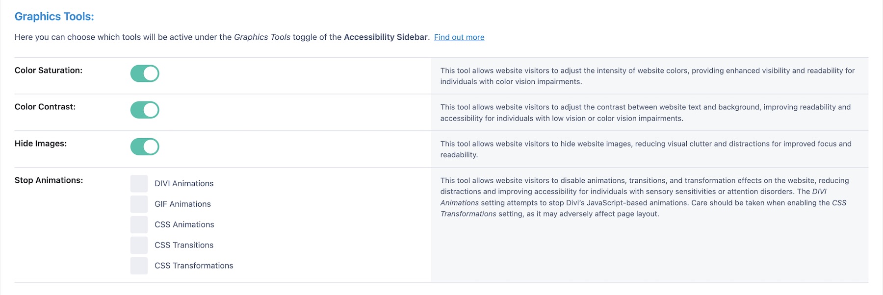 Graphics tools settings in Accessibility Sidebar