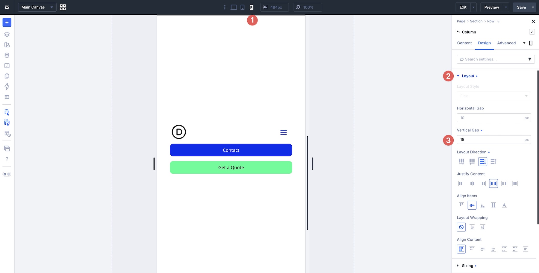 header column level settings mobile