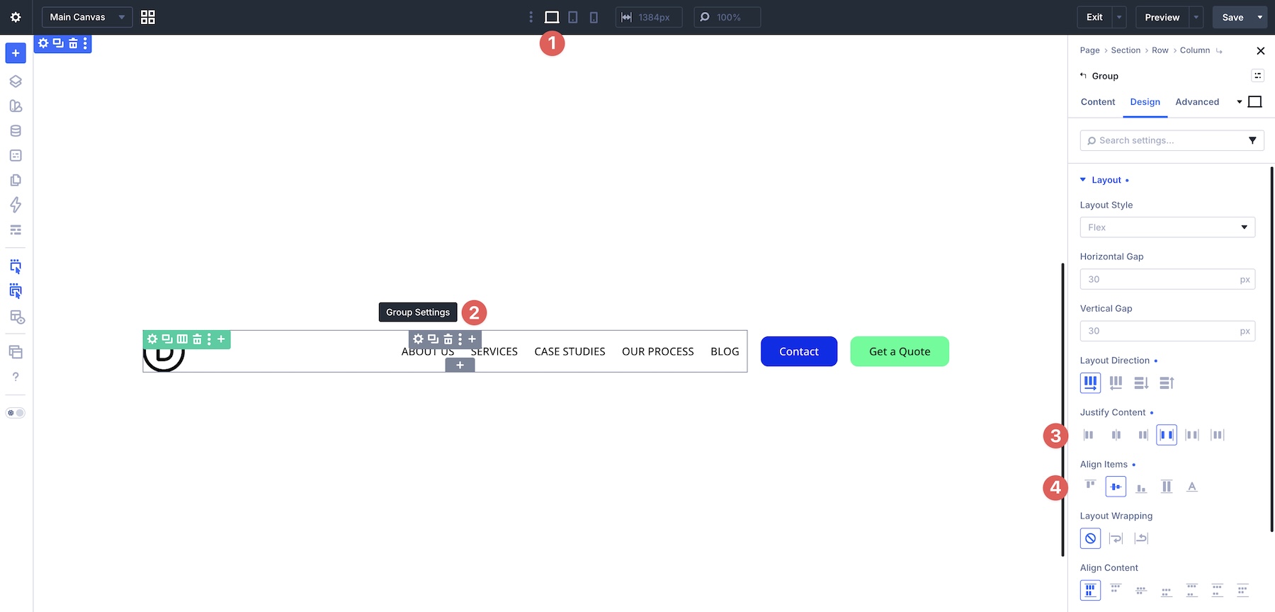 header module group settings desktop