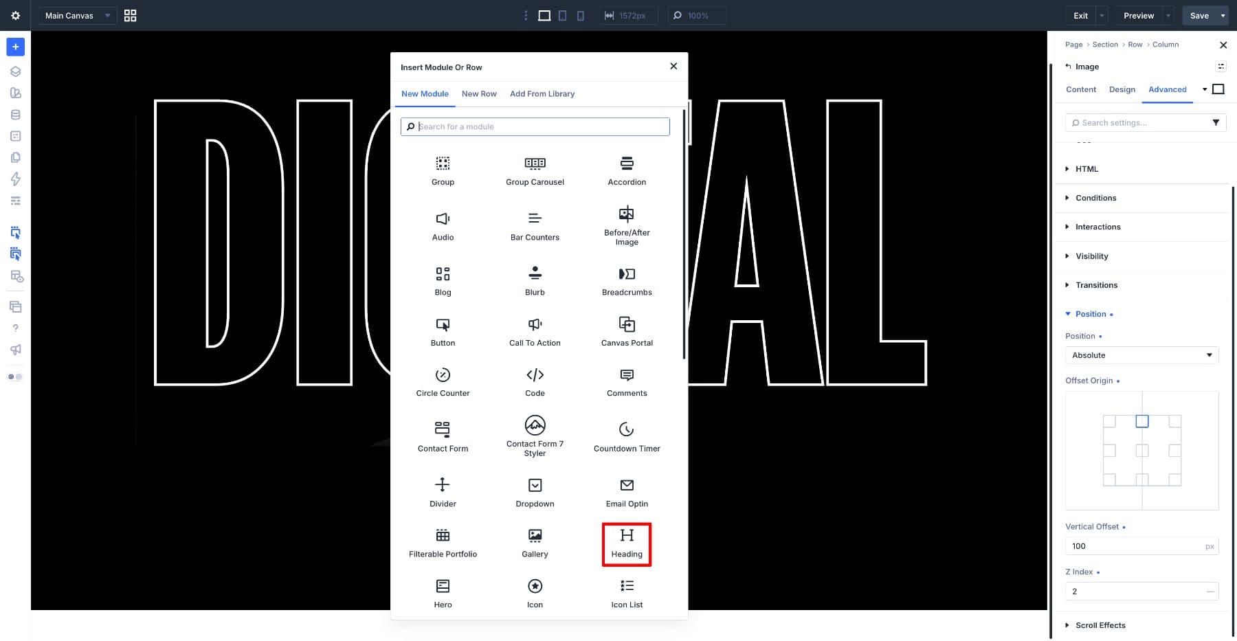 Adding the CREATIVE heading module in Divi 5