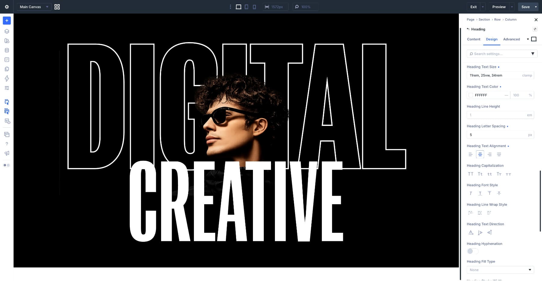 Solid white CREATIVE heading settings in Divi 5