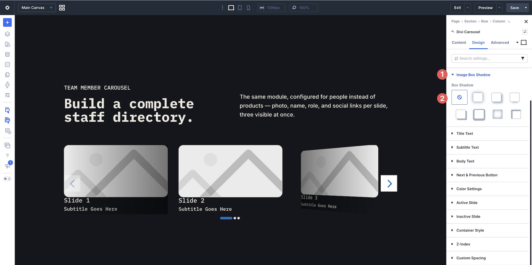 Image Box Shadow options in Divi Carousel Module 5.0