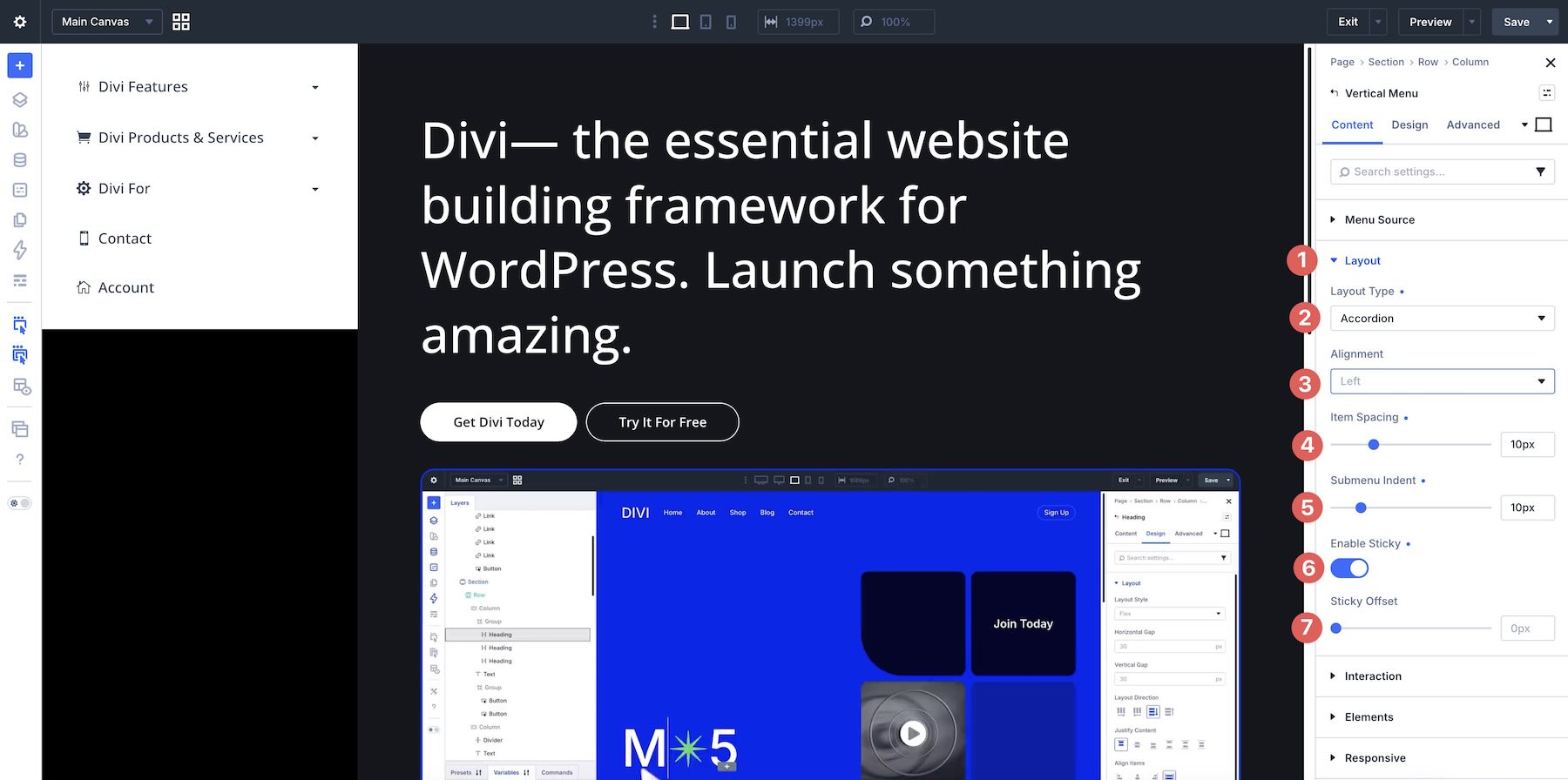 Selecting a layout type in the Divi Vertical Menu module
