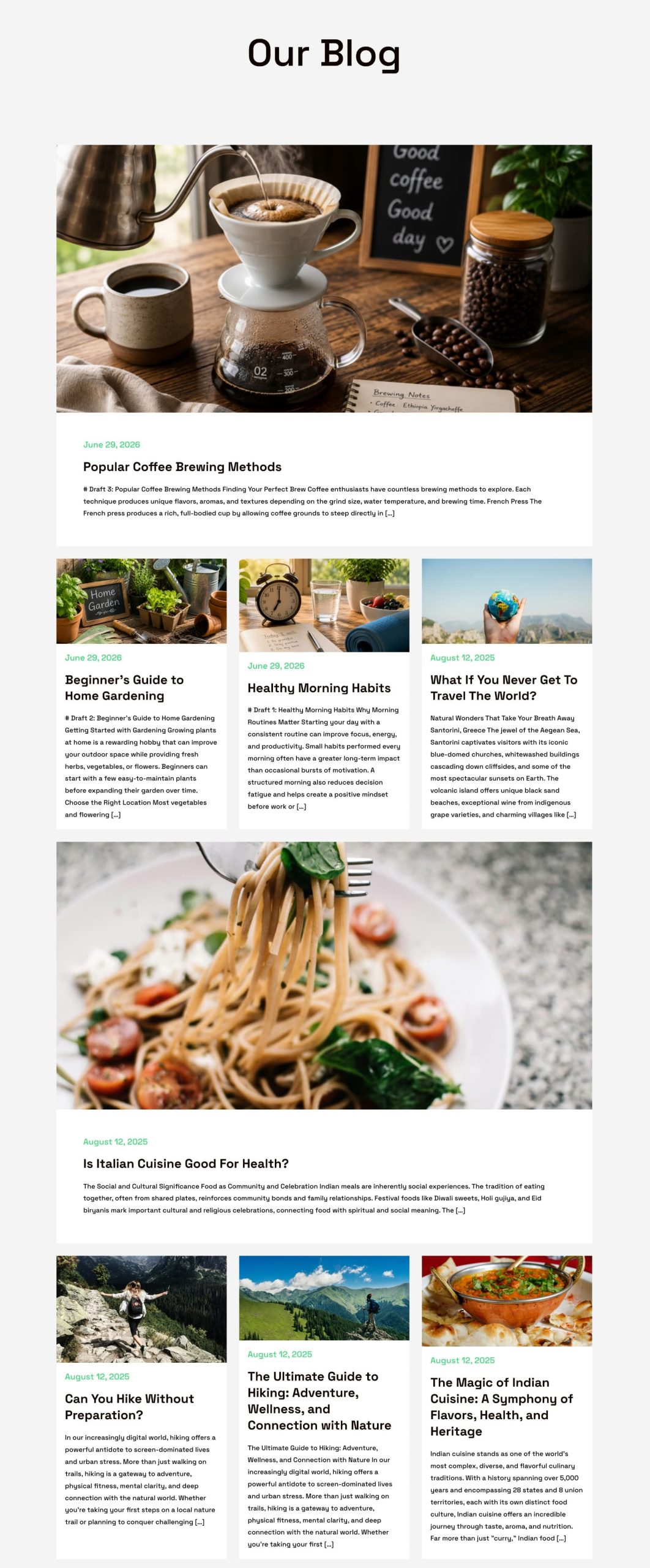 Magazine-style blog layout with a full-width featured post followed by three-column post cards