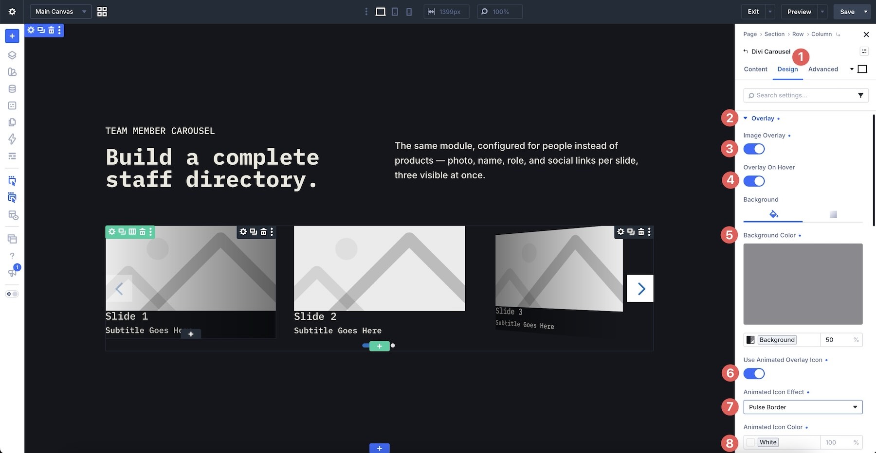 Overlay controls for the main Carousel Container
