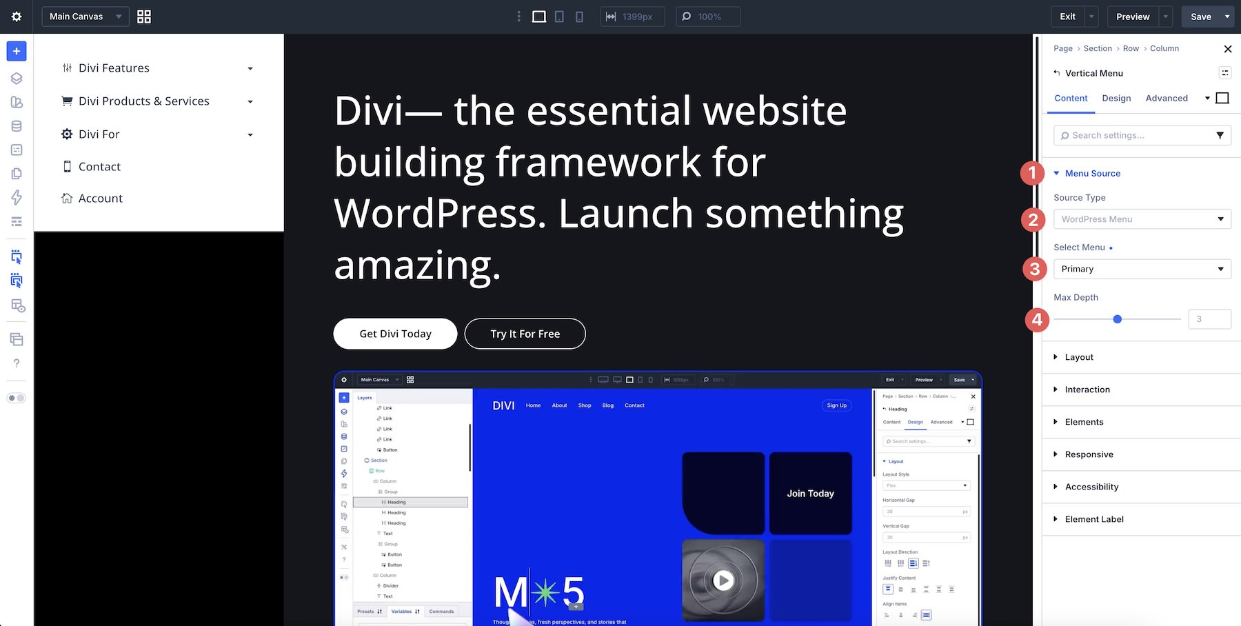 Selecting a WordPress menu and Max Depth in the Vertical Menu module