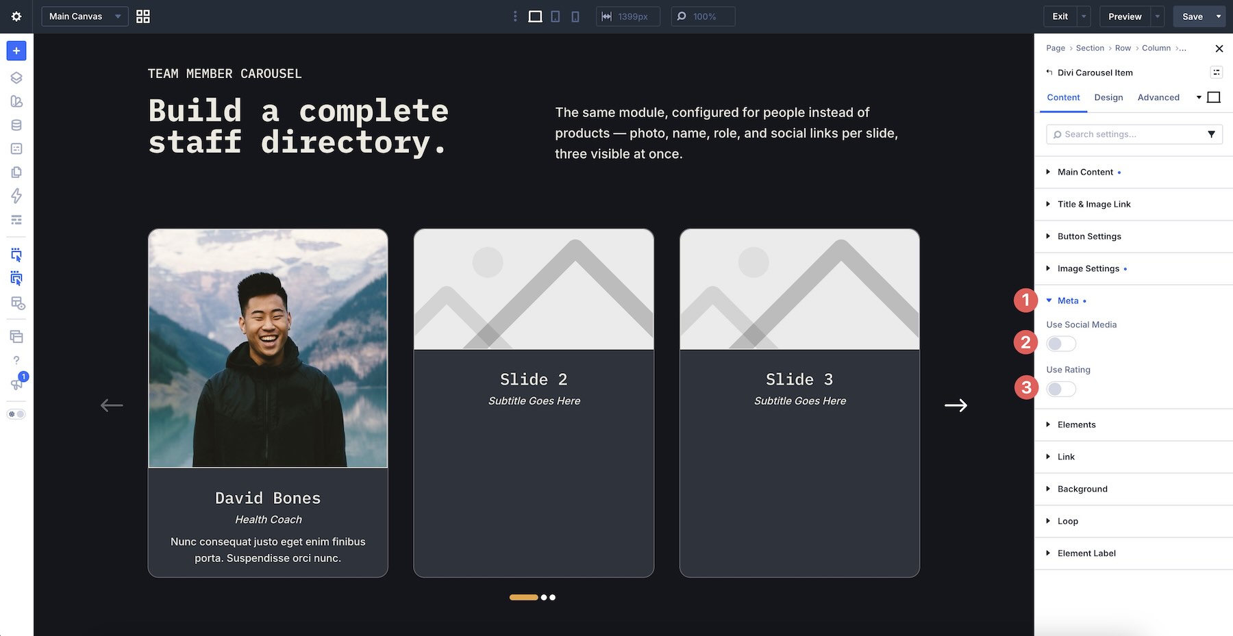 Social Media and Rating options inside the Carousel Item Meta group