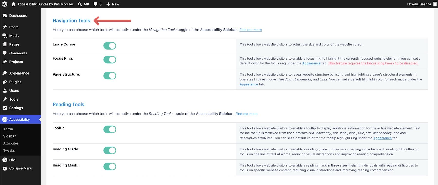Navigation tools inside Accessibility Sidebar