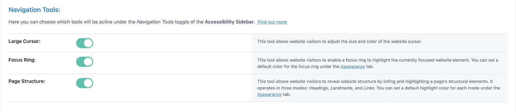 Navigation tools settings in Accessibility Sidebar