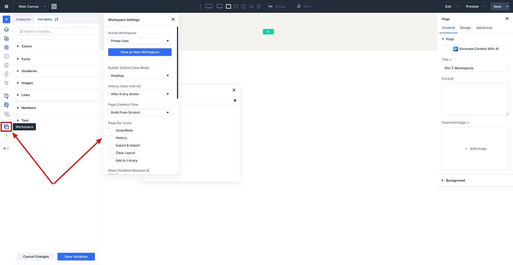 Opening Workspace Settings in Divi 5