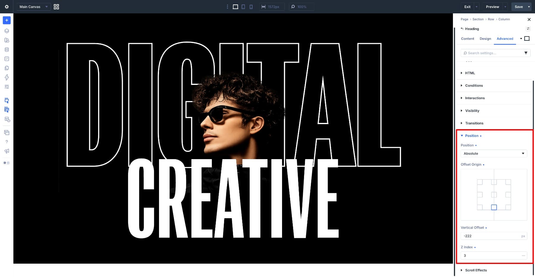 Positioning the front CREATIVE heading over the layered hero