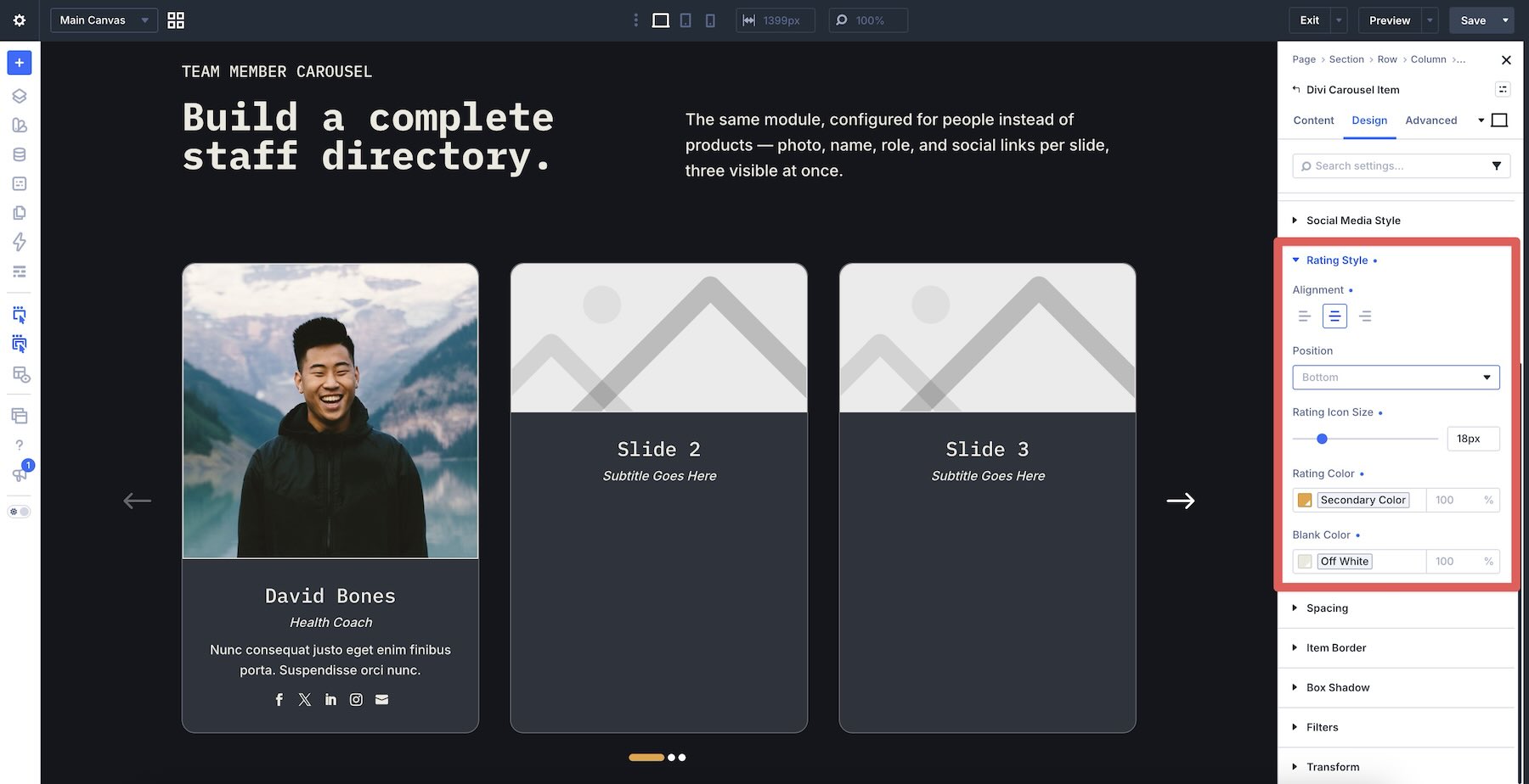 Rating Style settings for a Divi Carousel Item