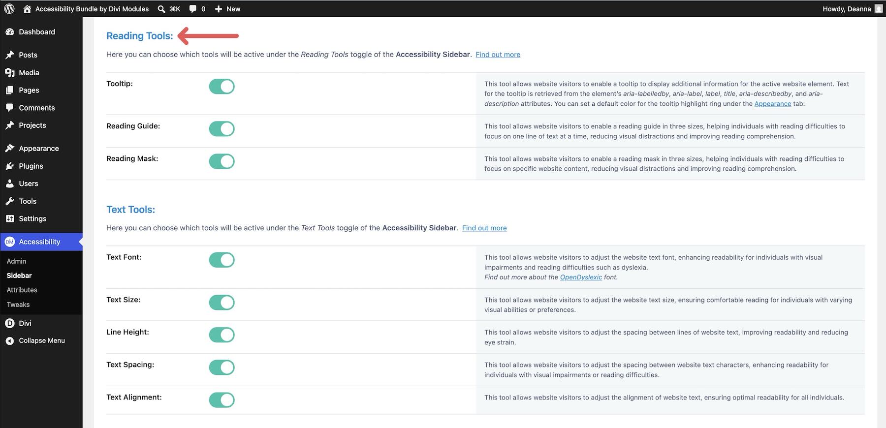 Reading tools inside Accessibility Sidebar
