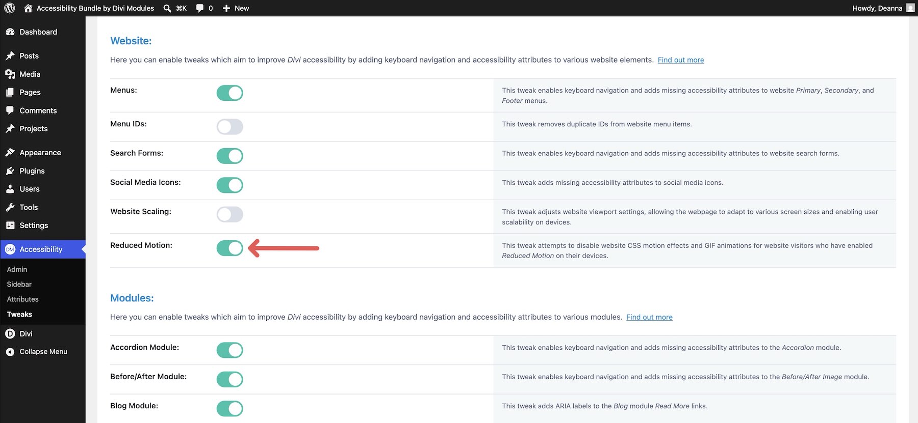 Reduced Motion setting in Accessibility Tweaks