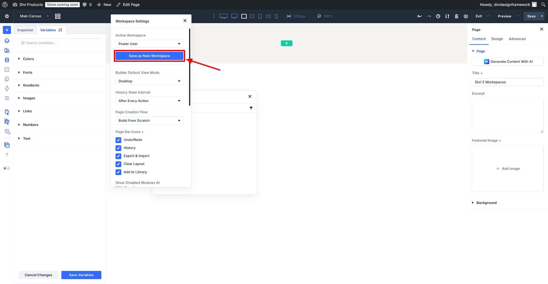 Save as New Workspace button in Divi 5