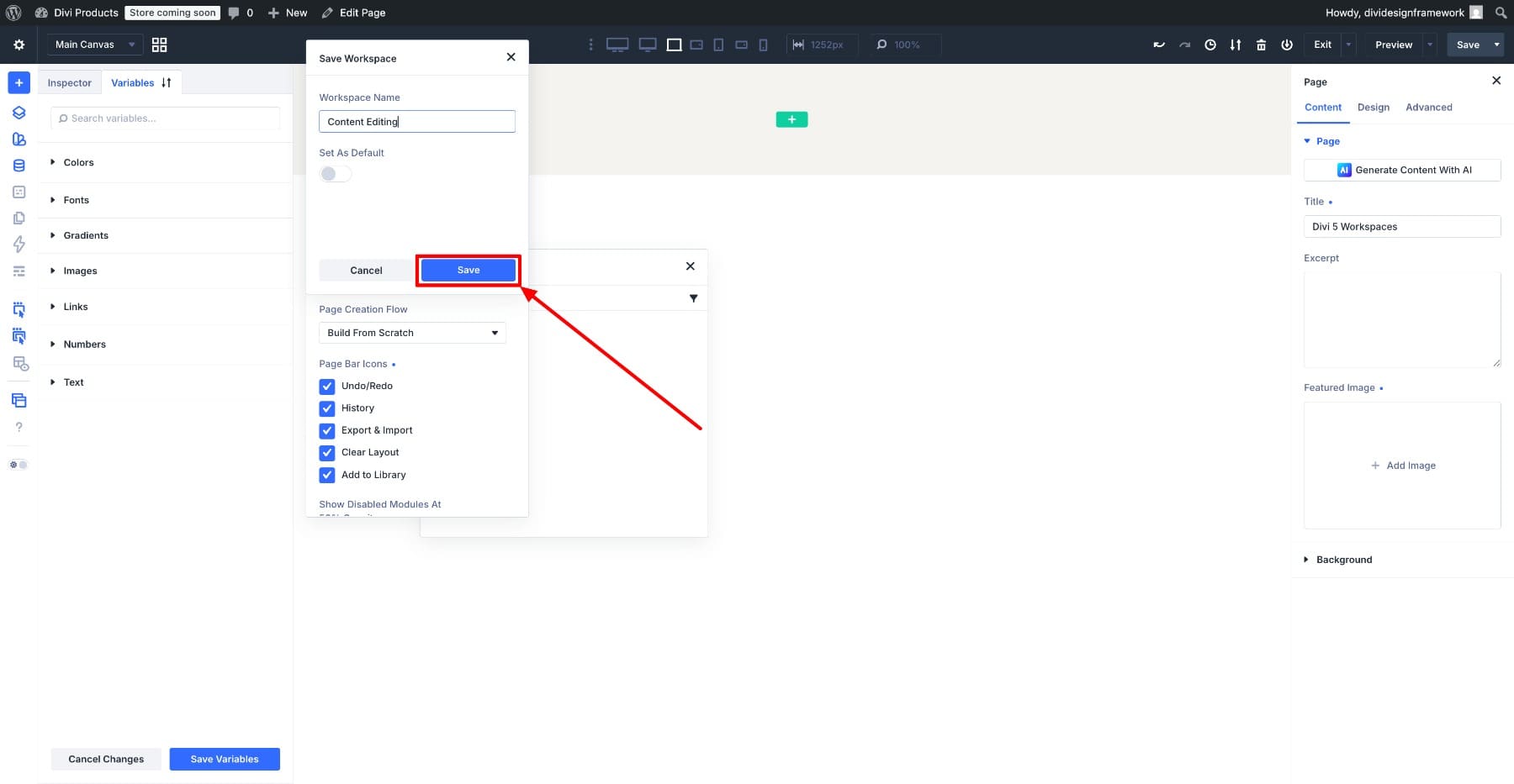 Saved workspace listed under Your Workspaces in Divi 5