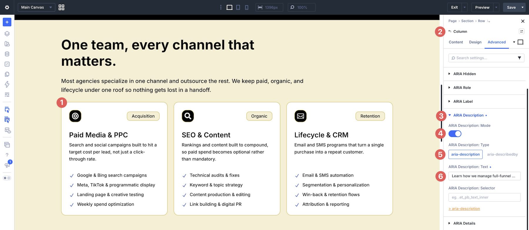 Adding an ARIA description to a service card