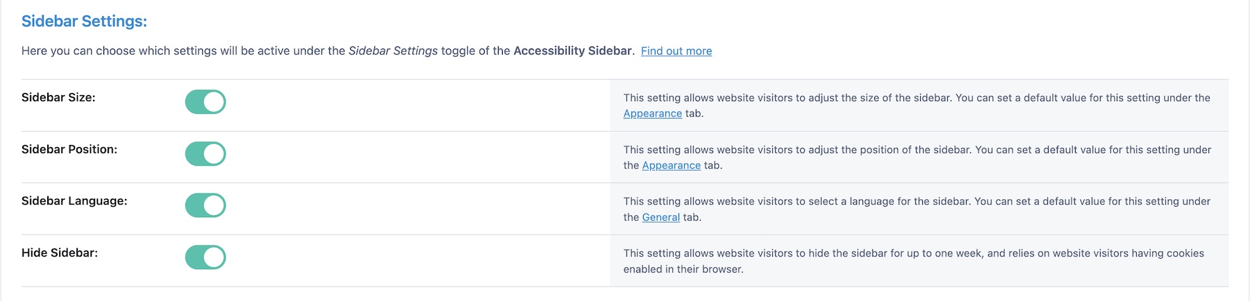 Accessibility Sidebar feature settings