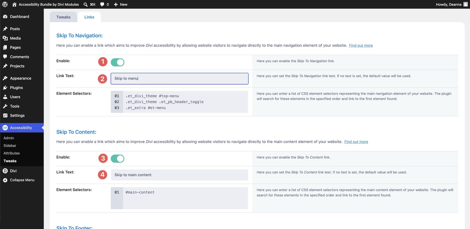 Skip to navigation and main content links in Accessibility Tweaks