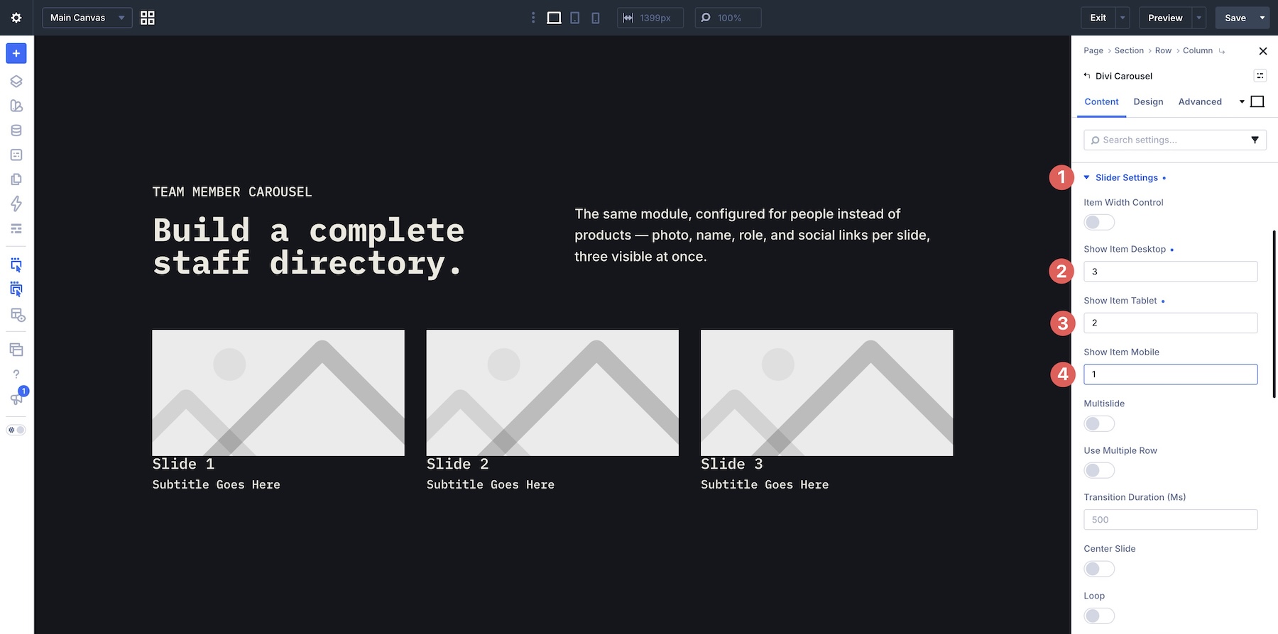 Setting responsive visible item counts in Divi Carousel Module 5.0