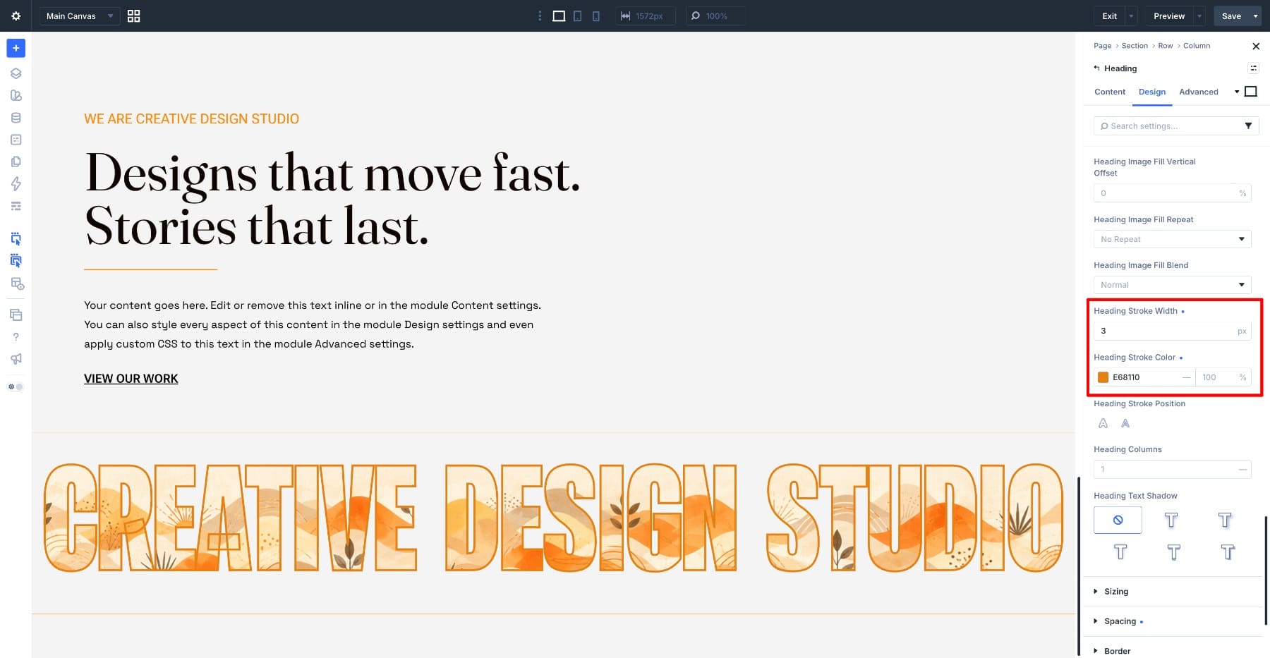 Orange stroke color settings for the image-filled heading band