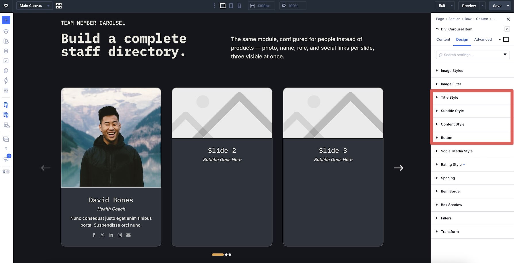 Individual Carousel Item text and button styling options