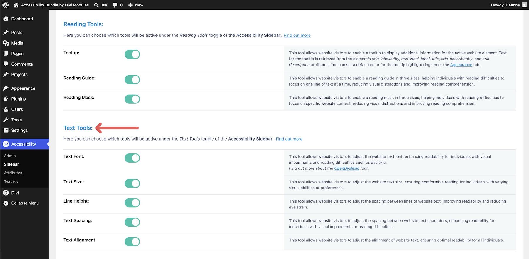 Text tools inside Accessibility Sidebar