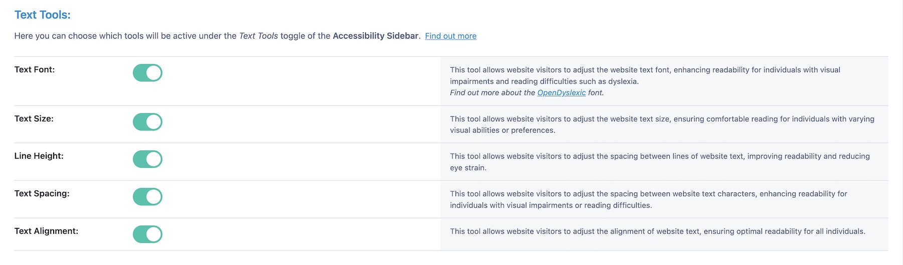 Text tools settings in Accessibility Sidebar