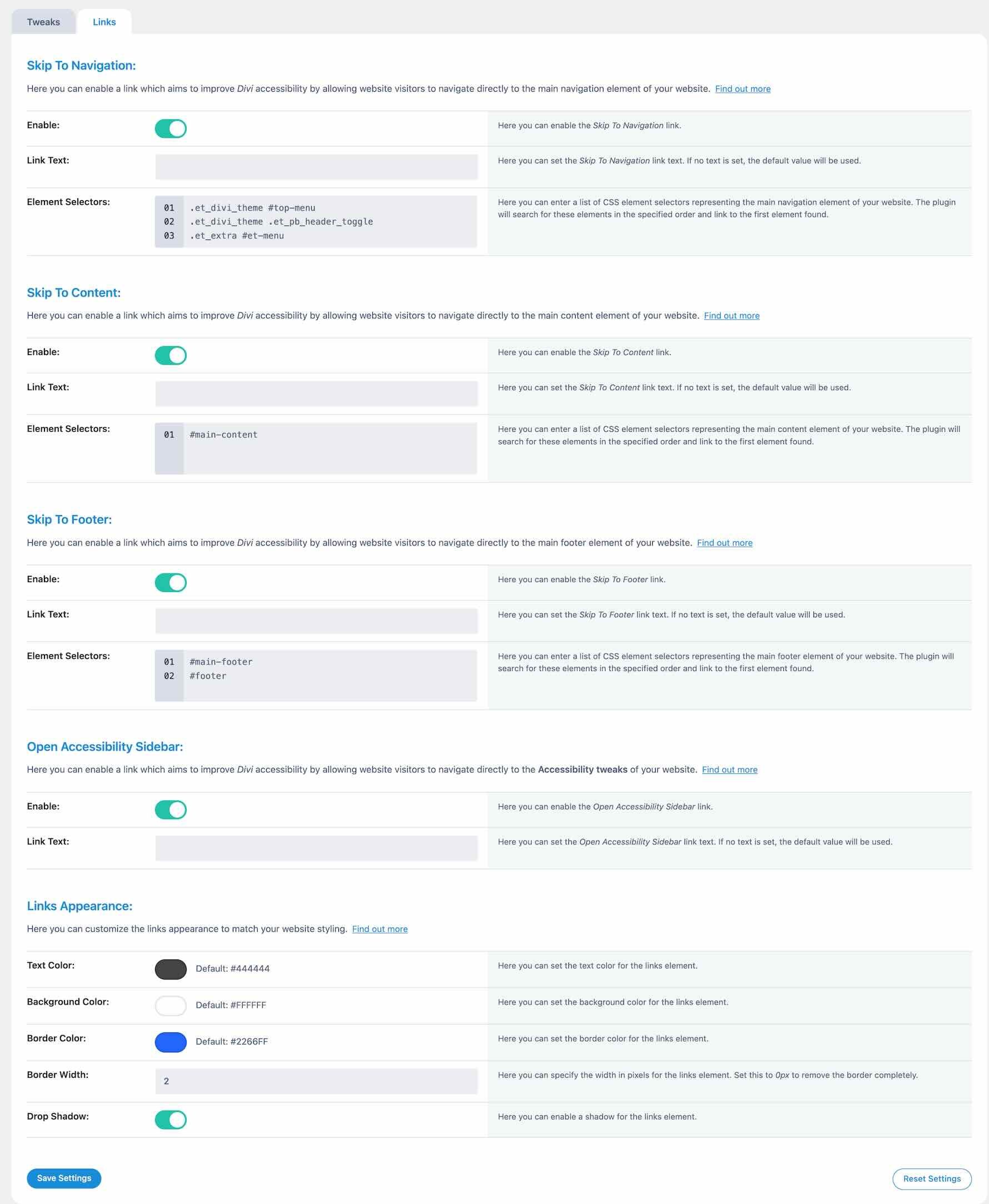Skip link settings in Accessibility Tweaks