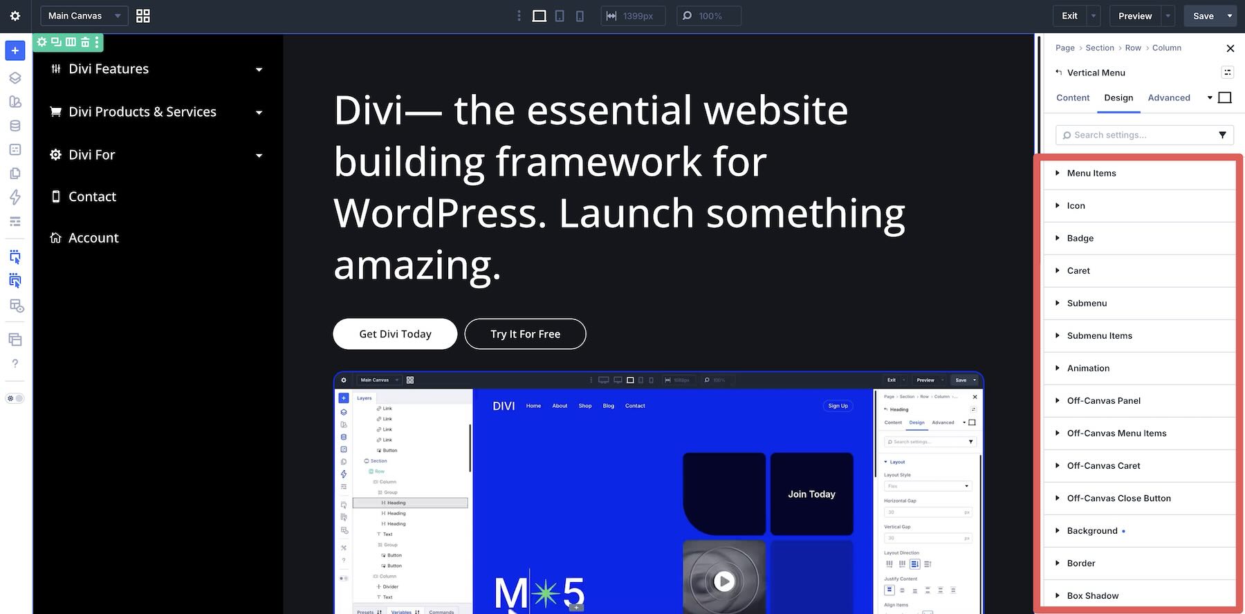 Design settings available for the Divi Vertical Menu module