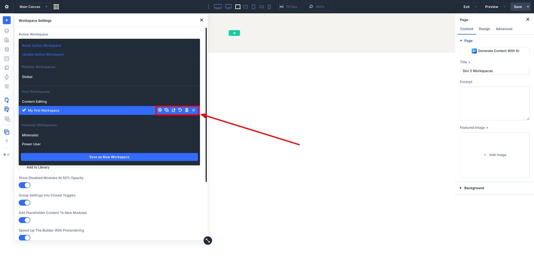Workspace management controls in Divi 5