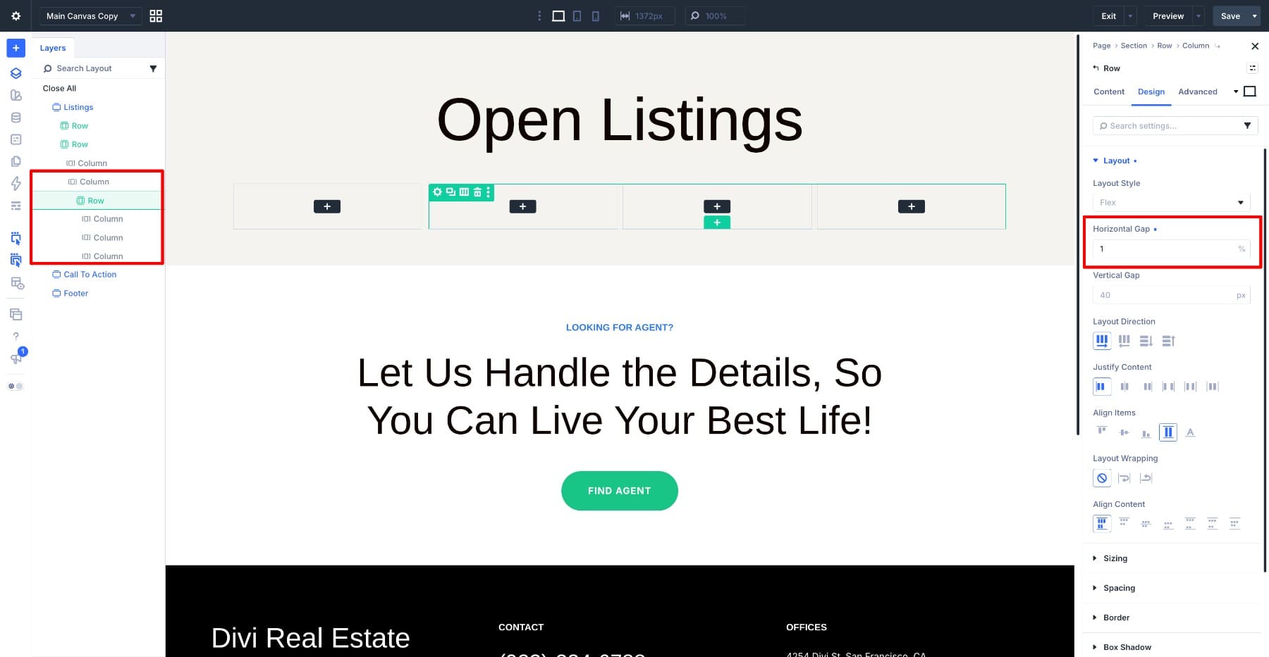 Add a three-column nested row for property cards