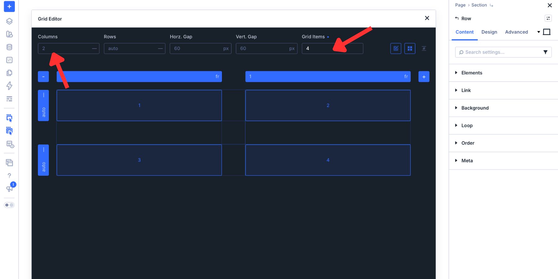 Setting two Columns and four preview Grid Items in the Grid Editor