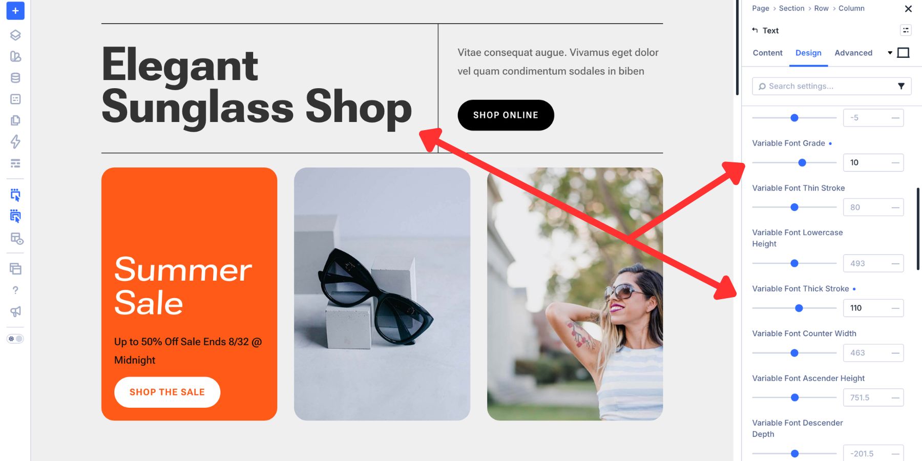 Applying font grade and thick stroke to a heading in Divi 5