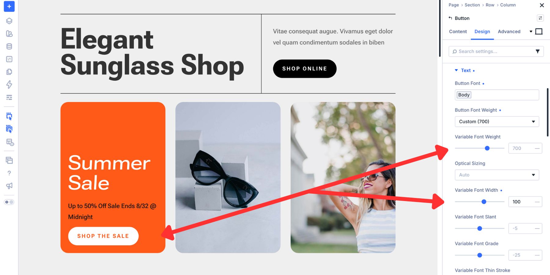 Applying font weight and width to a primary button