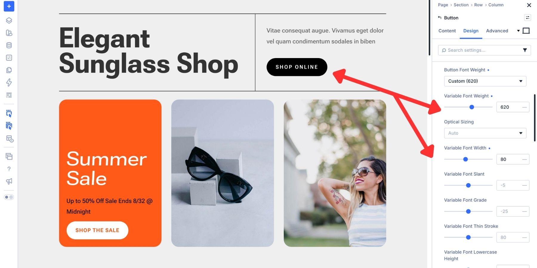 Applying font weight and width to a secondary button