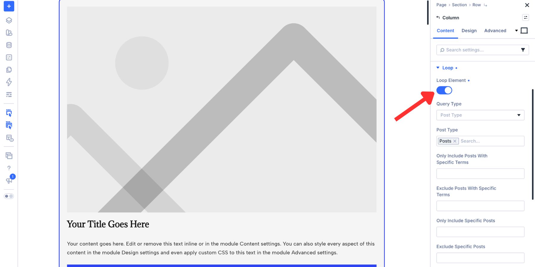Enabling Loop Builder on a Column in Divi 5