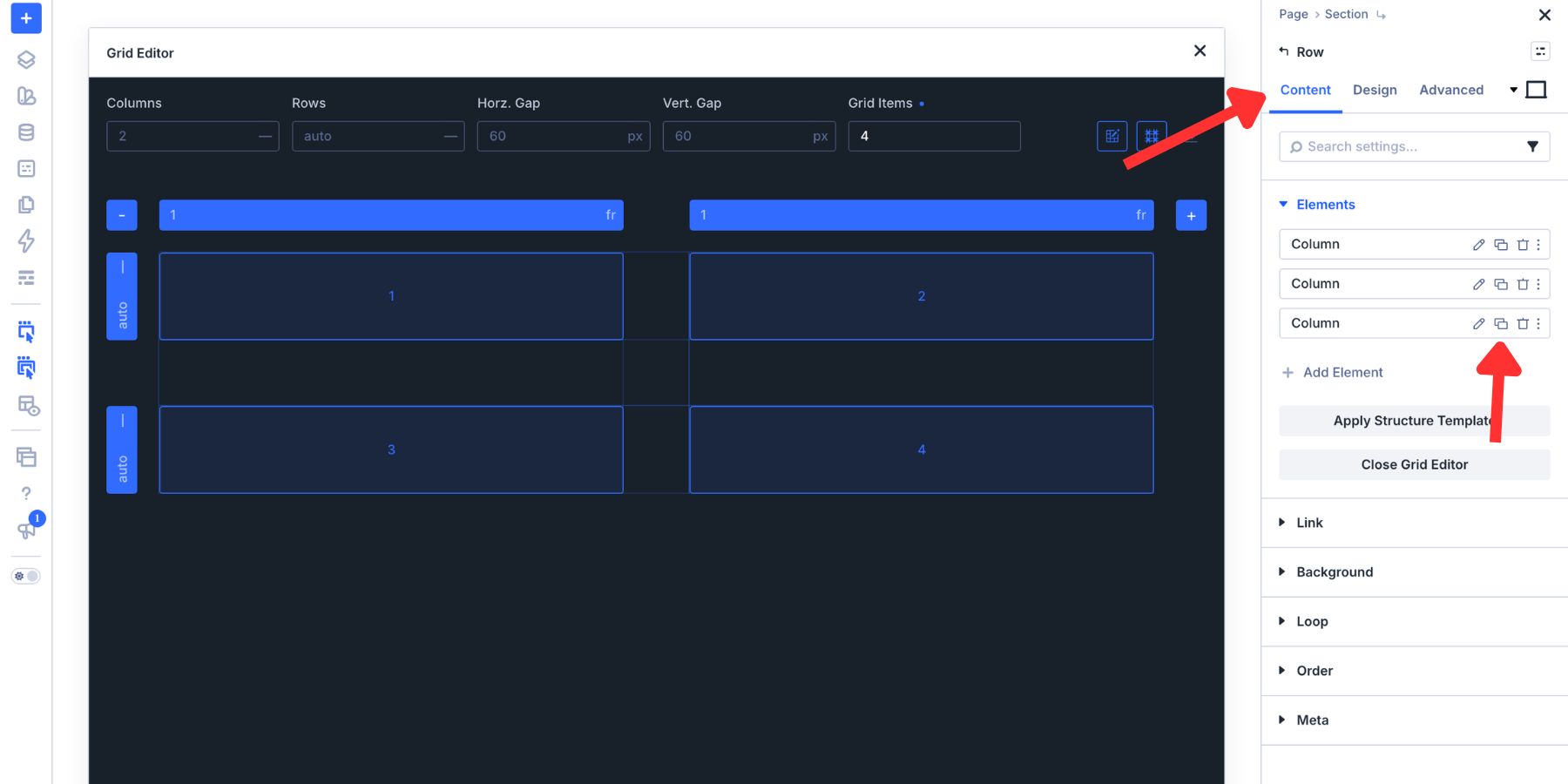 Adding another Column from a Row's Content tab