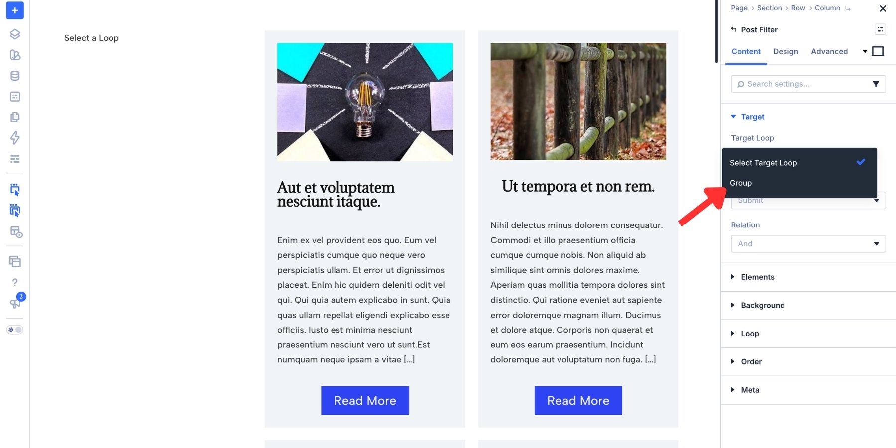 Selecting the loop as a target in Divi 5