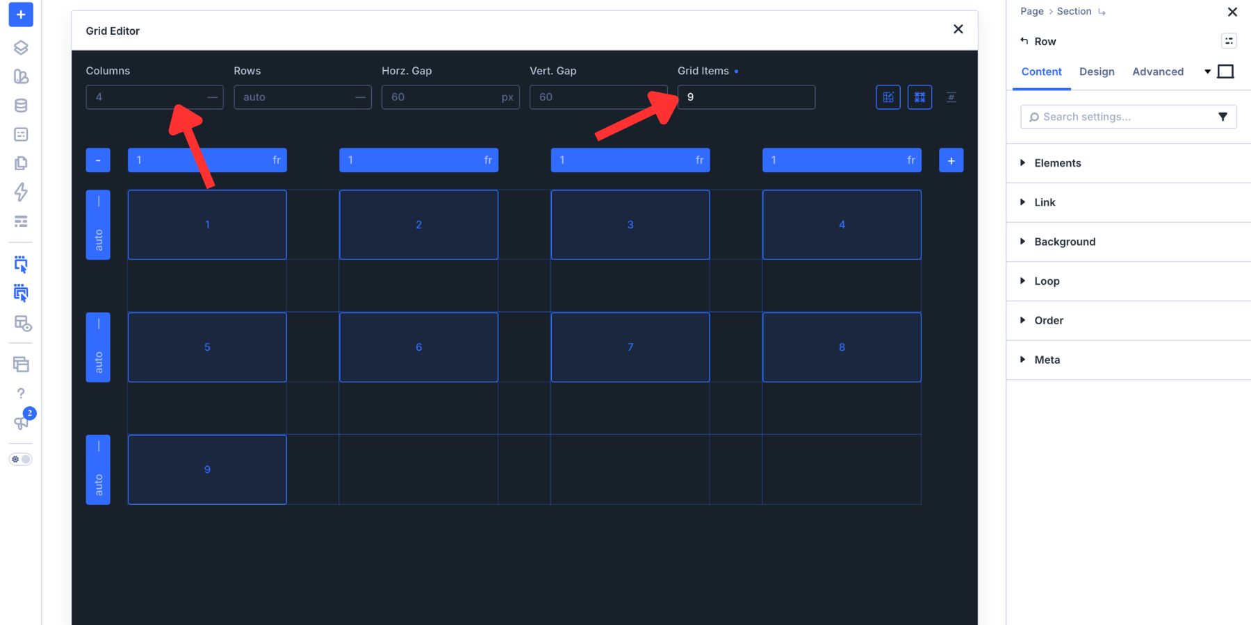 Setting four Columns and nine Grid Items in the Grid Editor