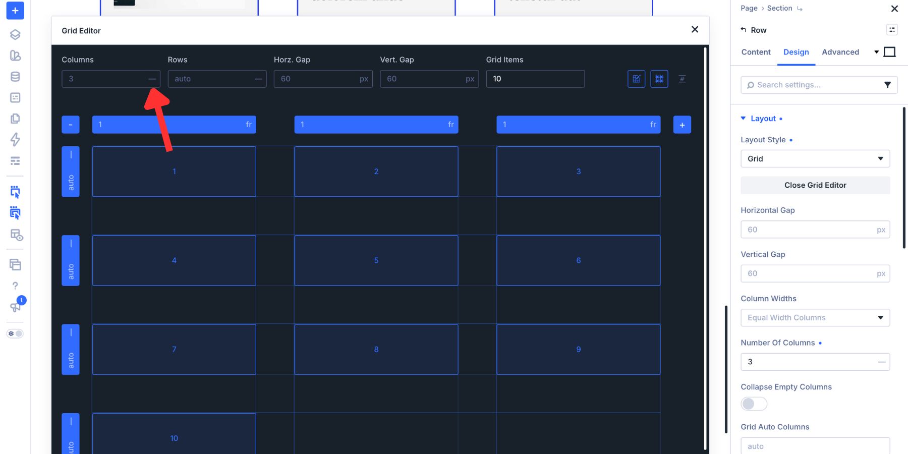 Setting a three-column Grid in the Divi 5 Grid Editor