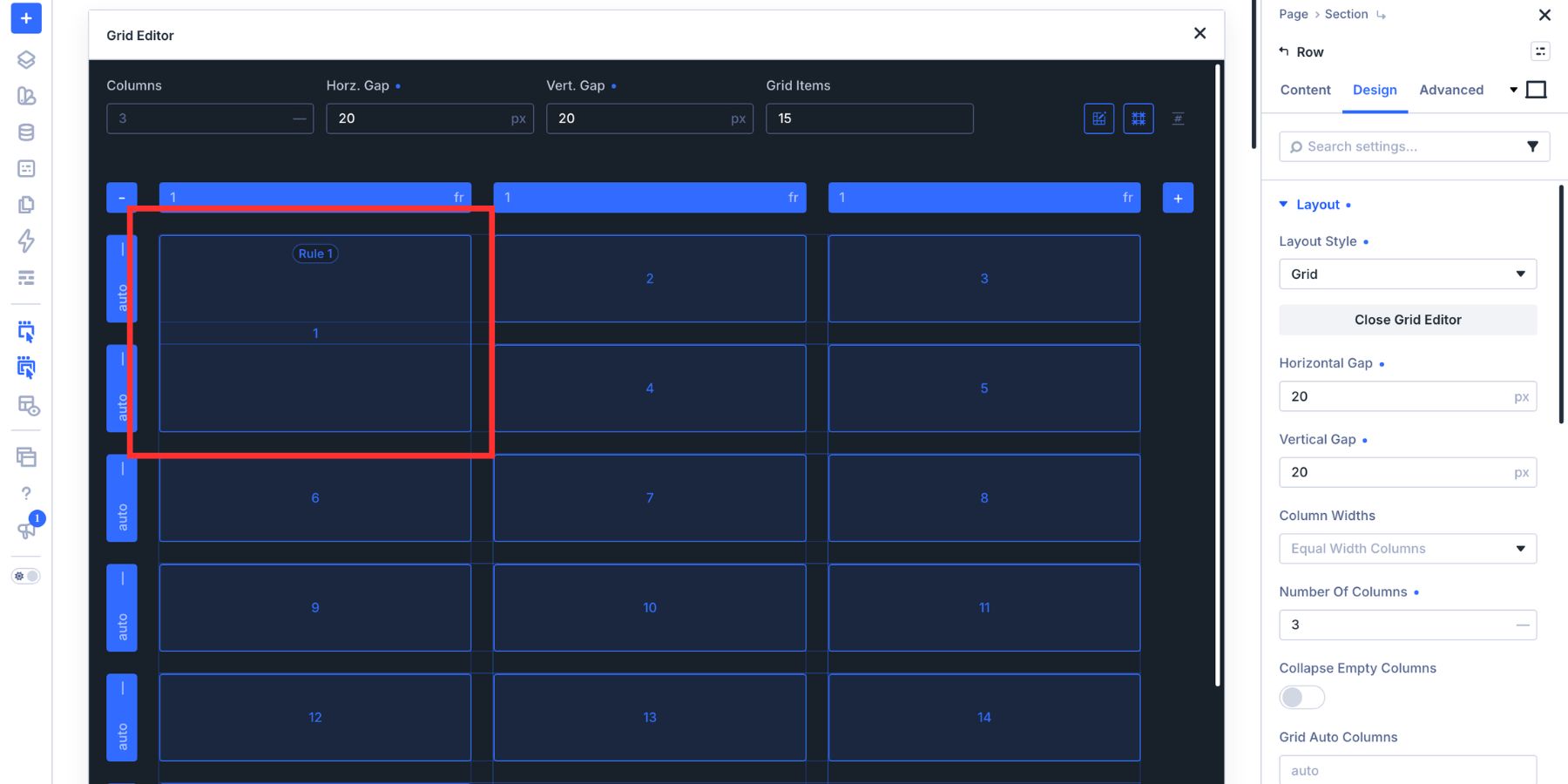 Setting the first Loop item to span two Grid rows