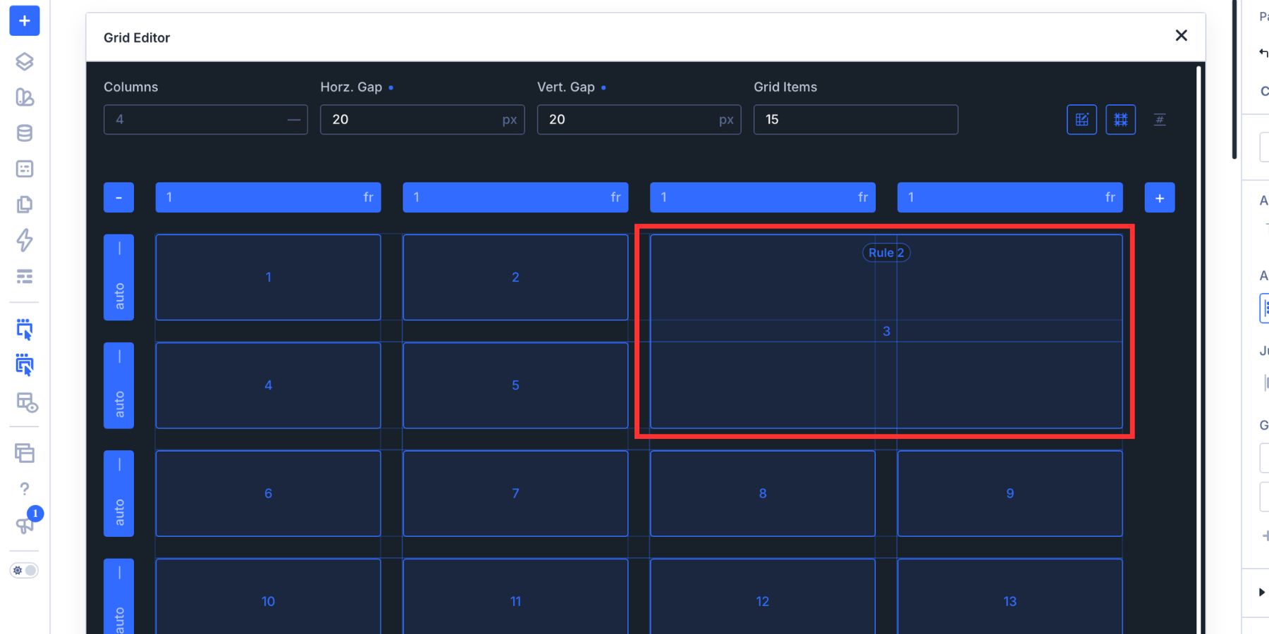 Making a Loop item span two columns and two rows in the Grid Editor