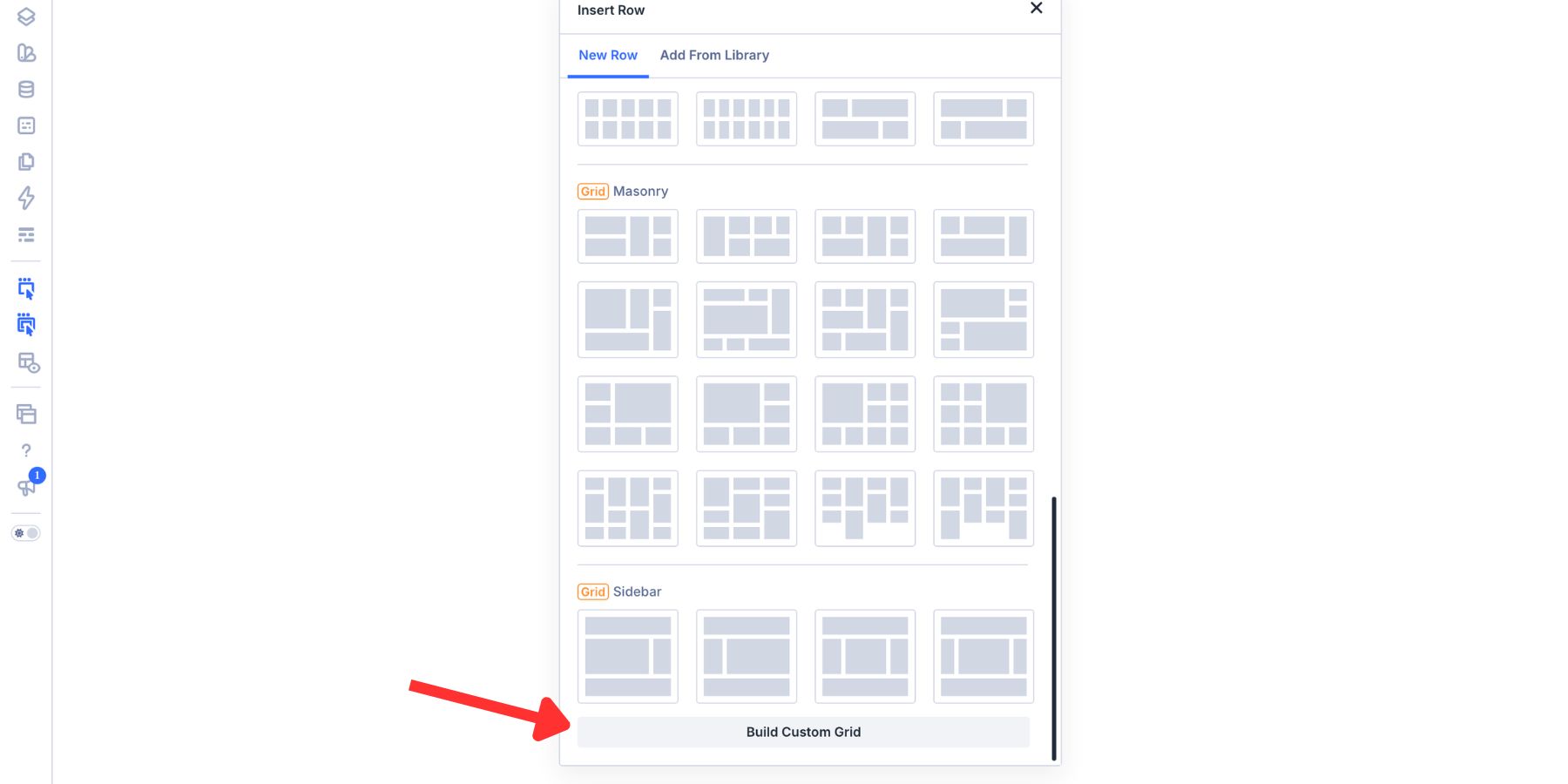 Build Custom Grid button in the Divi 5 layout picker