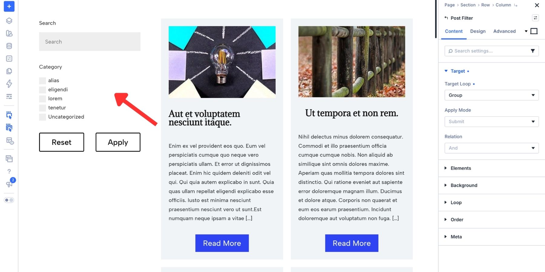 The filters appearing after target being set in Divi 5