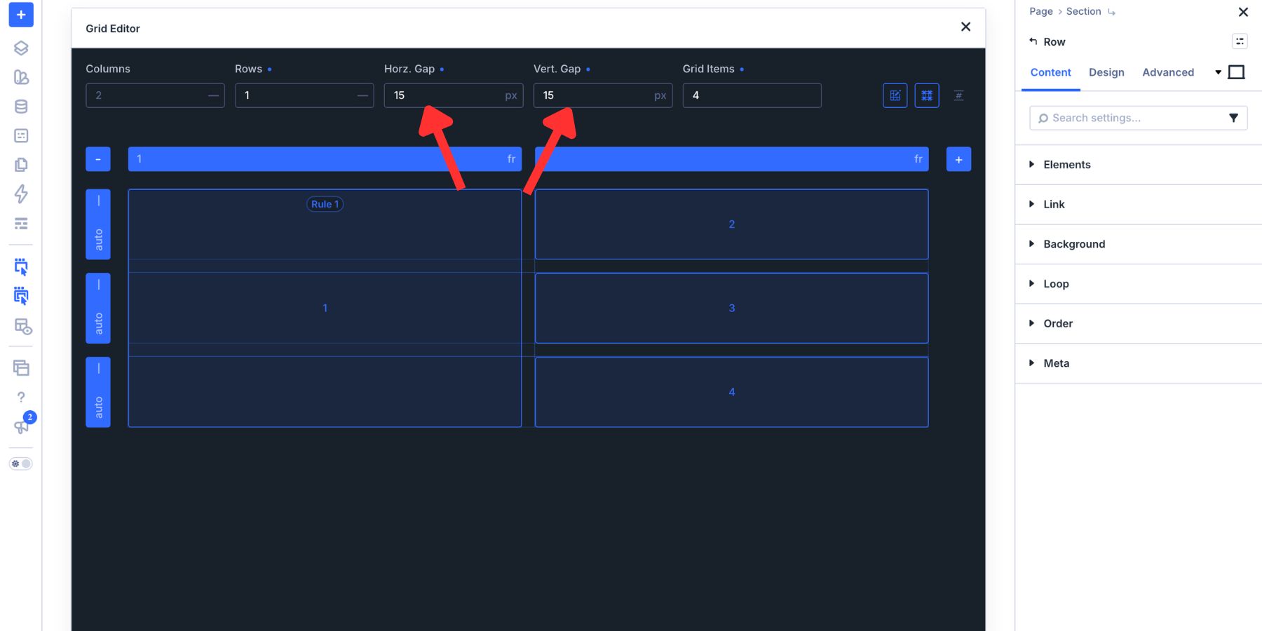 Setting the horizontal and vertical Grid gaps to 15px