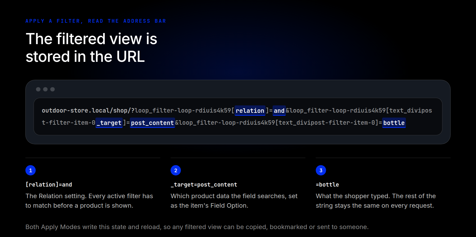 Active filters stored in the page URL