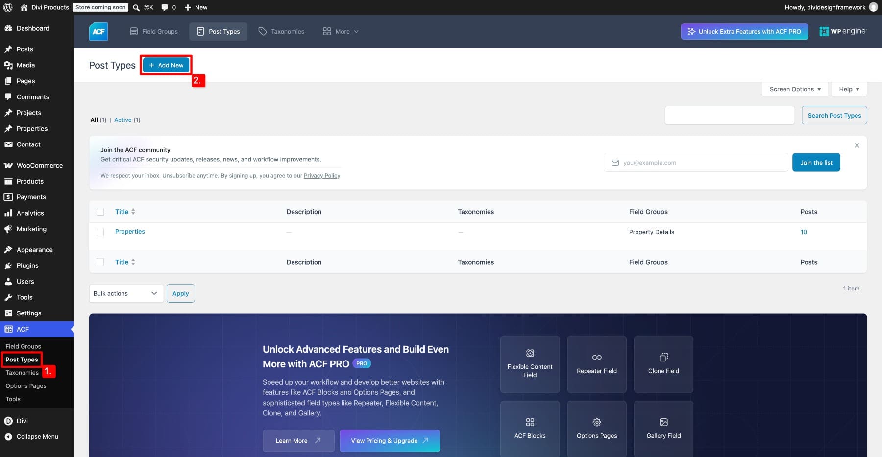 Add a custom post type in ACF